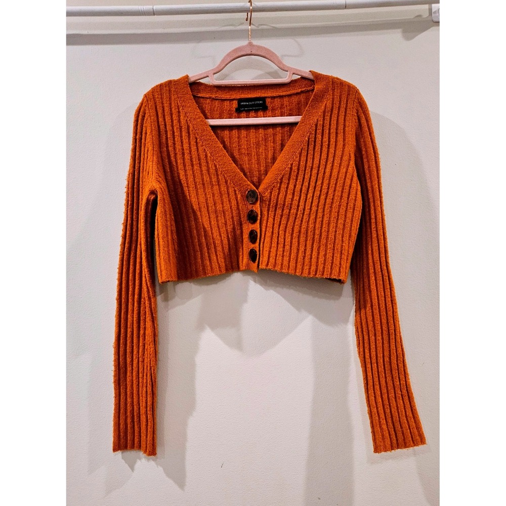 Urban Outfitters Rust Orange Ribbed Cropped Cardigan V-Neck Button Front Small